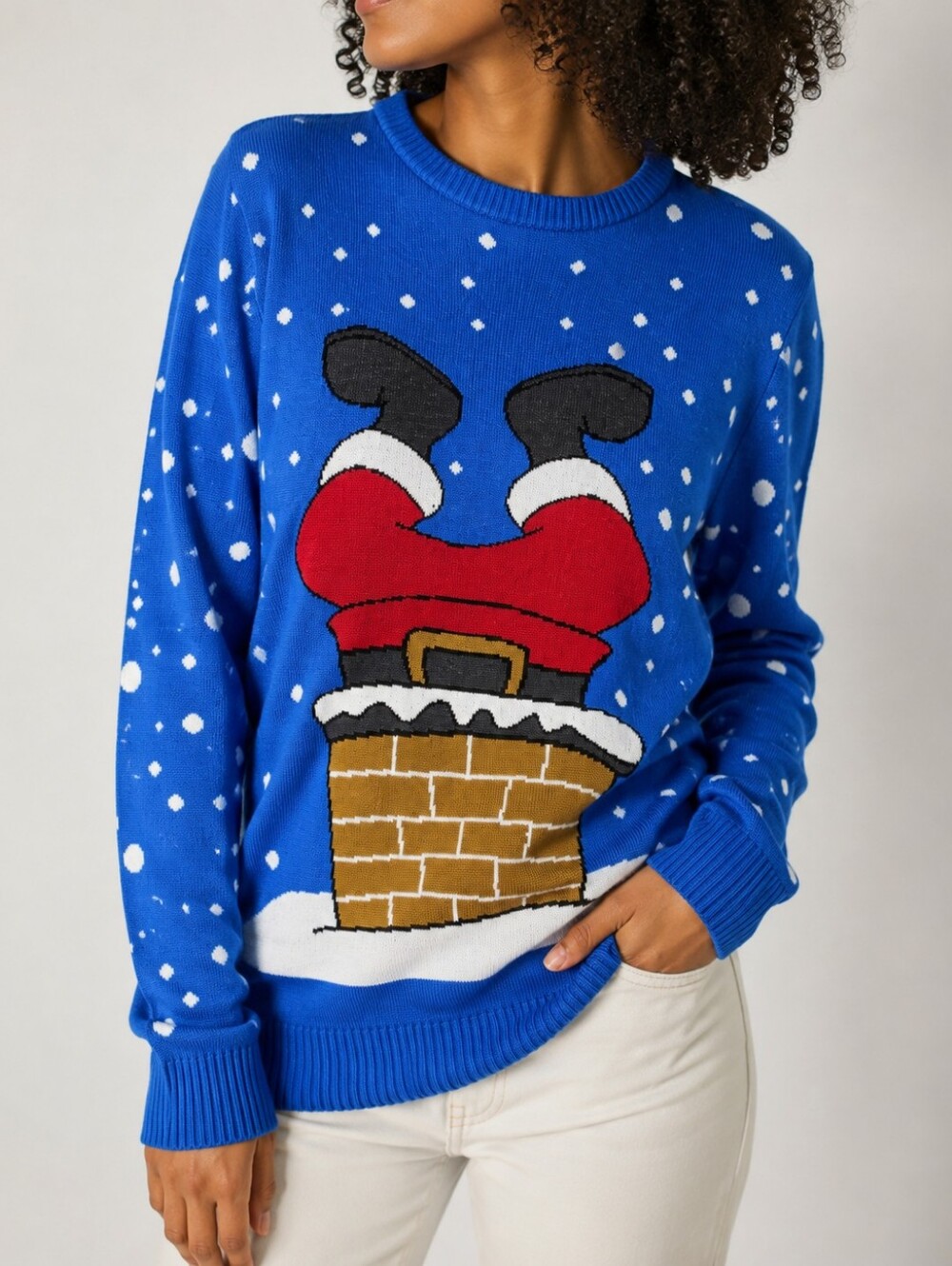 Calhoun Santa Chimney Ugly Christmas Sweater Blue Holiday Knit XL